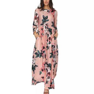 Bohemian Rose Floral Gathered Waist Soft Pink Flowing Maxi Dress w/Pockets